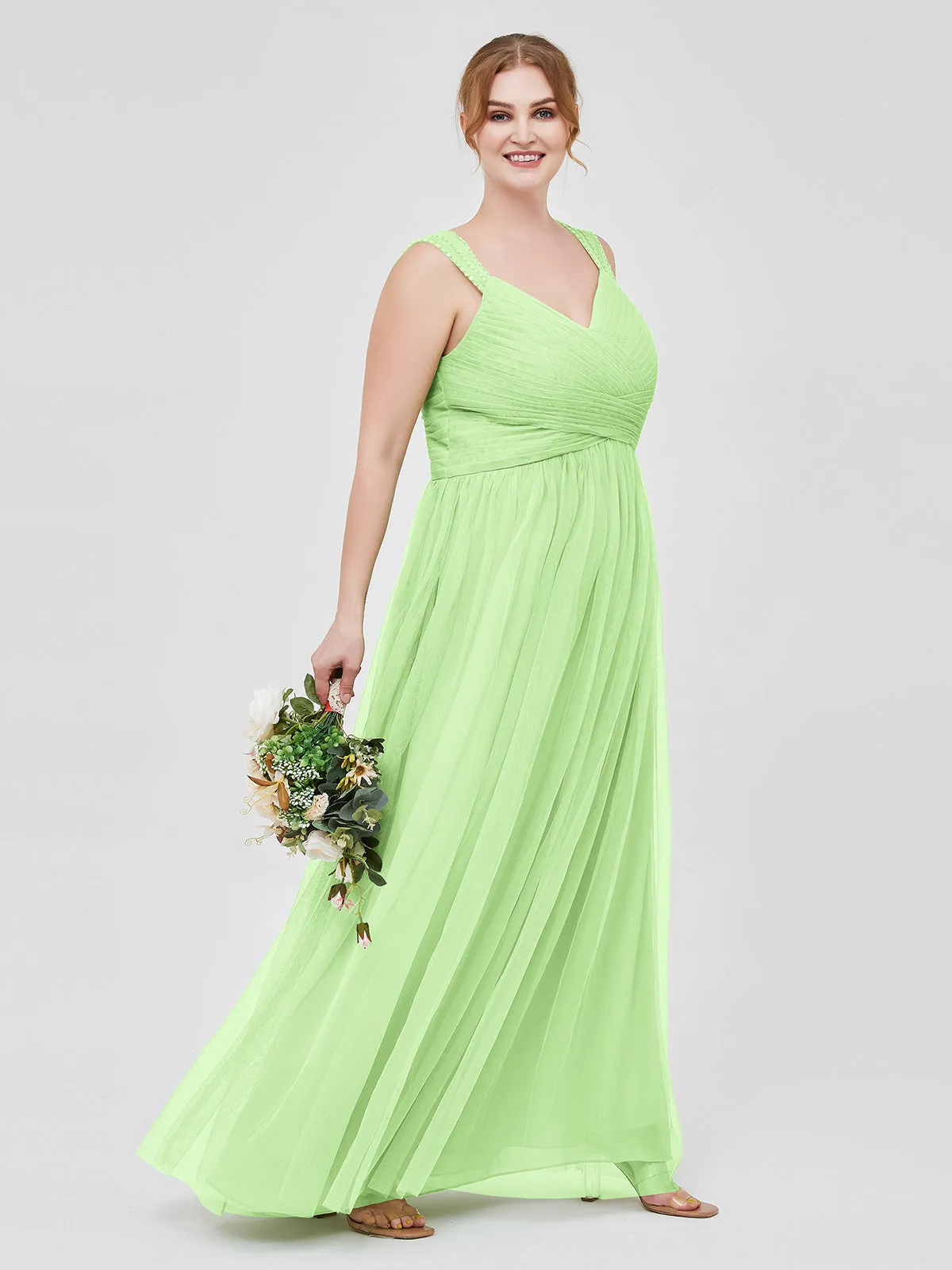 Cross-Pleated Tulle Long Dresses with Beaded Straps Sage Plus Size