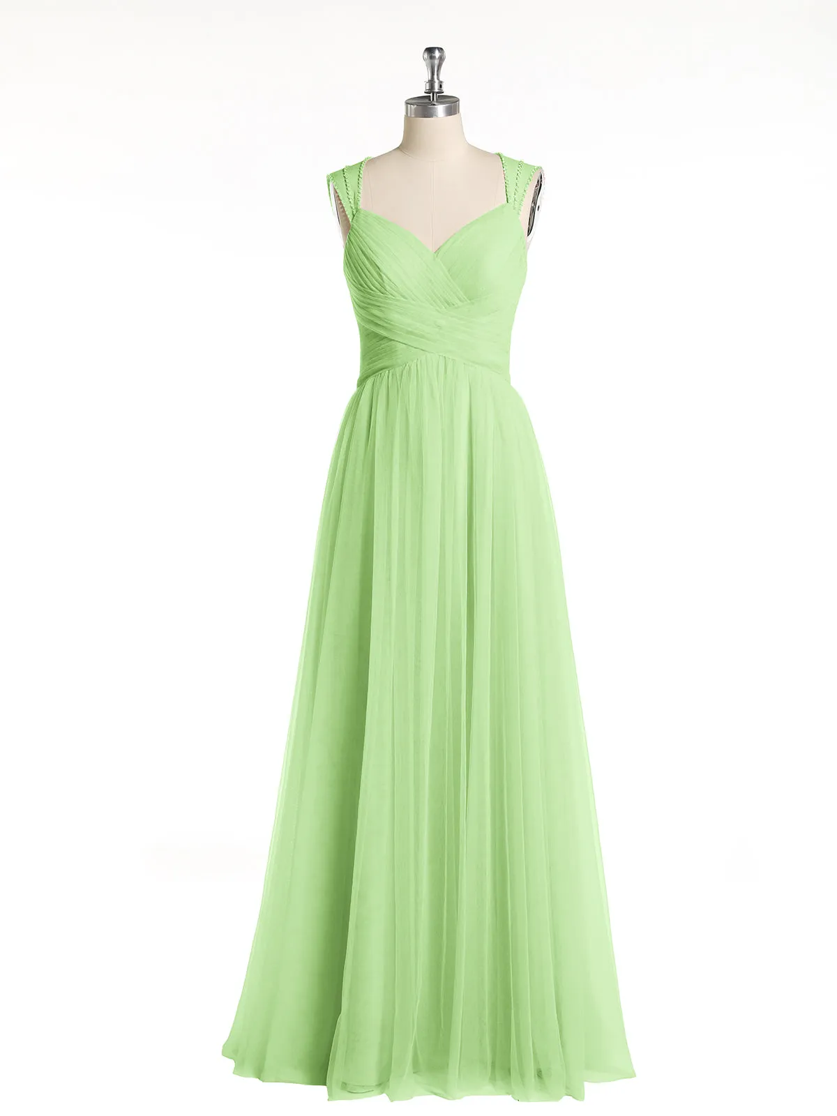 Cross-Pleated Tulle Long Dresses with Beaded Straps Sage Plus Size