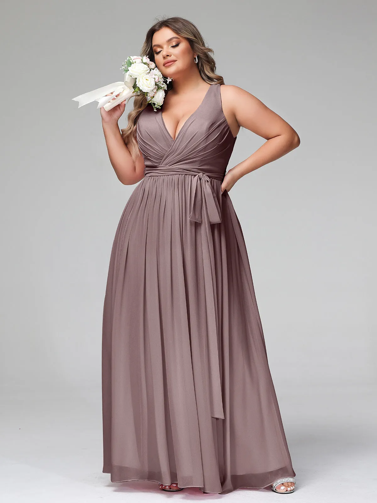 Deep V Neckline Chiffon Dress with Sash Bow Vintage Mauve