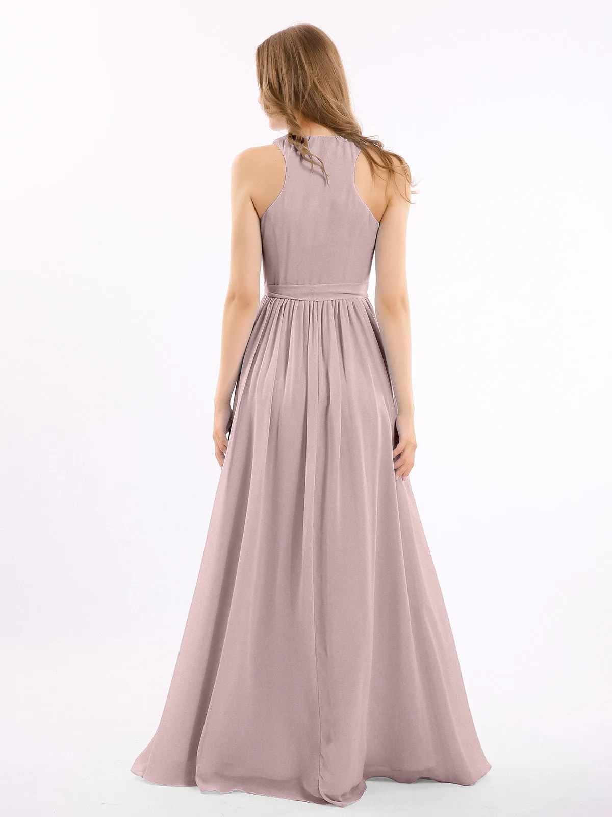 Deep V Neckline Chiffon Dress with Sash Bow Vintage Mauve