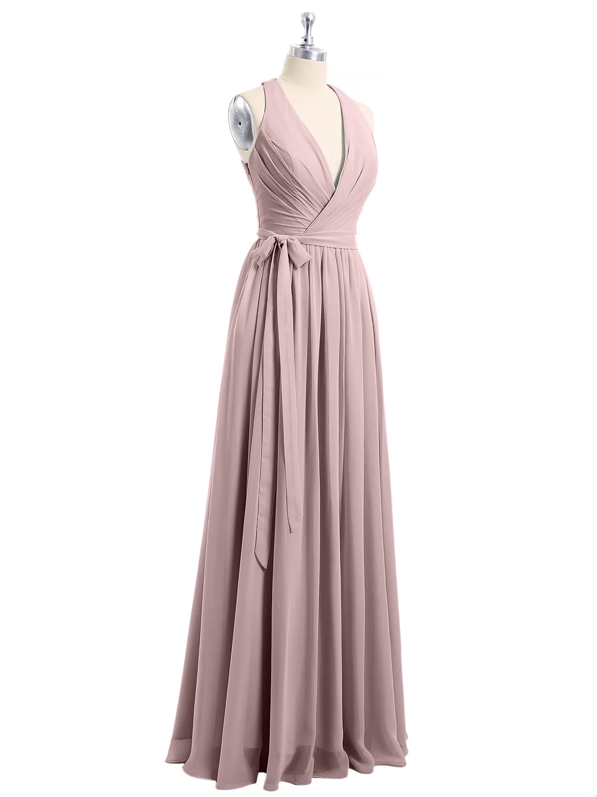 Deep V Neckline Chiffon Dress with Sash Bow Vintage Mauve