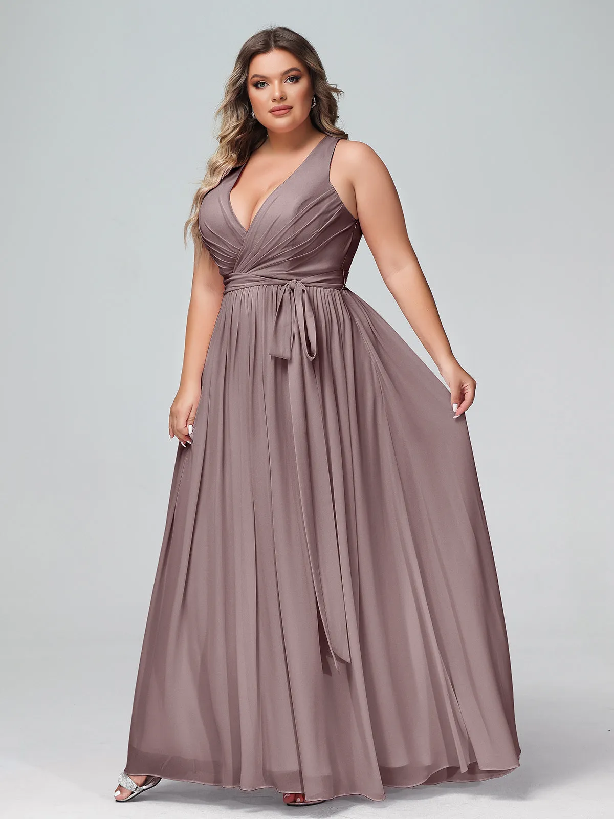 Deep V Neckline Chiffon Dress with Sash Bow Vintage Mauve