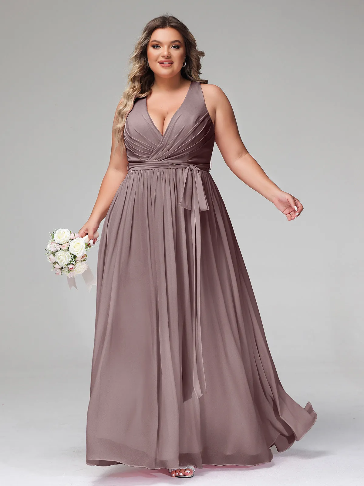 Deep V Neckline Chiffon Dress with Sash Bow Vintage Mauve