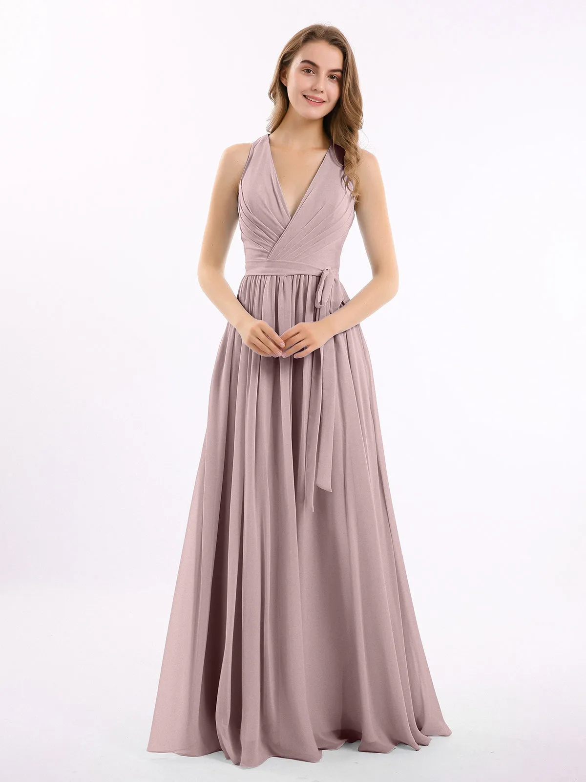 Deep V Neckline Chiffon Dress with Sash Bow Vintage Mauve