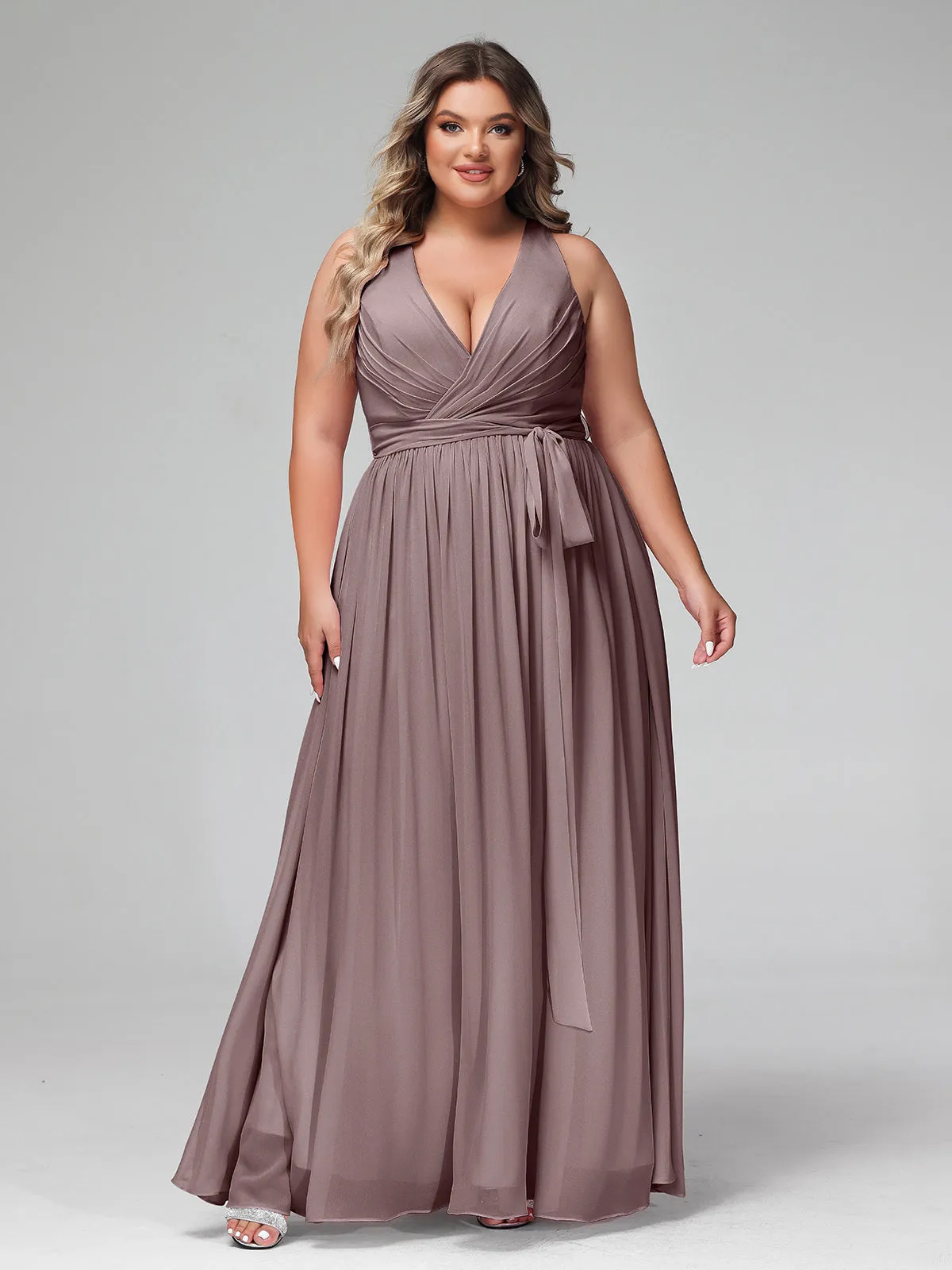 Deep V Neckline Chiffon Dress with Sash Bow Vintage Mauve