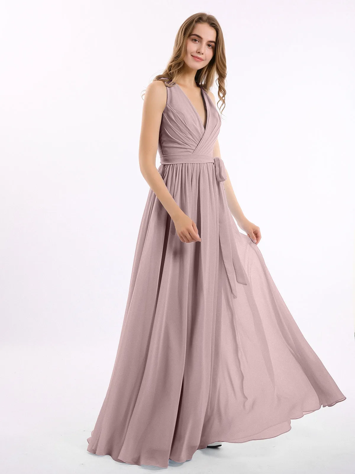 Deep V Neckline Chiffon Dress with Sash Bow Vintage Mauve