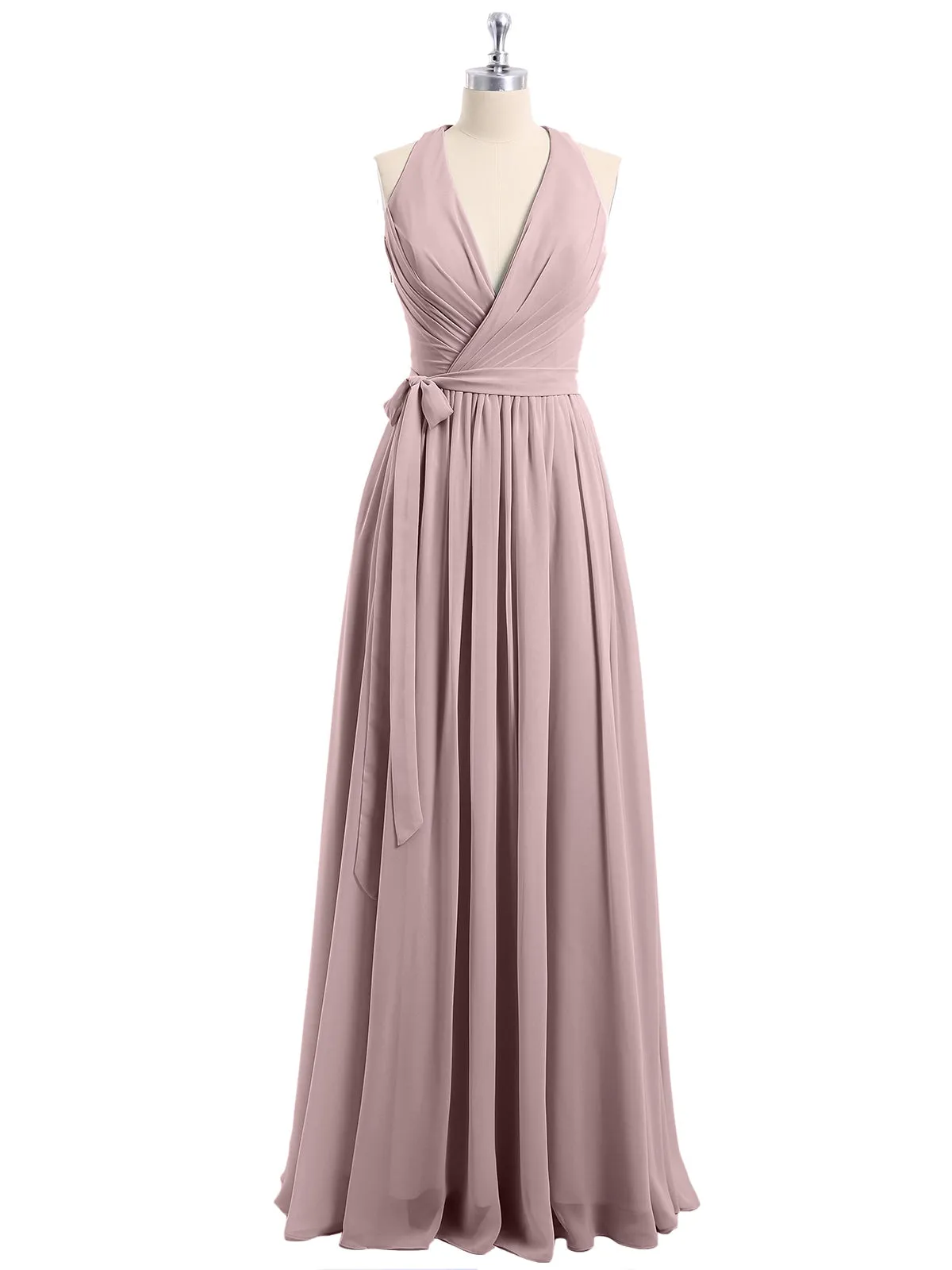 Deep V Neckline Chiffon Dress with Sash Bow Vintage Mauve