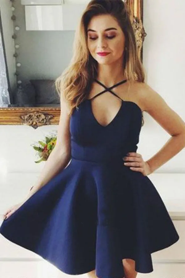 Delicate Spaghetti Straps V Neck A Line Satin Homecoming Dresses