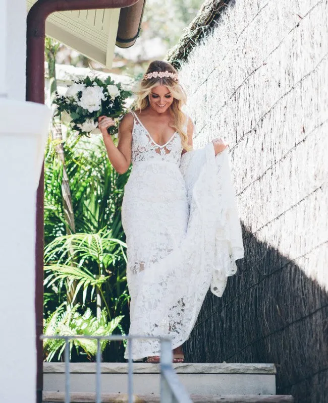 Delicate V Neck Mermaid Lace Wedding Dresses