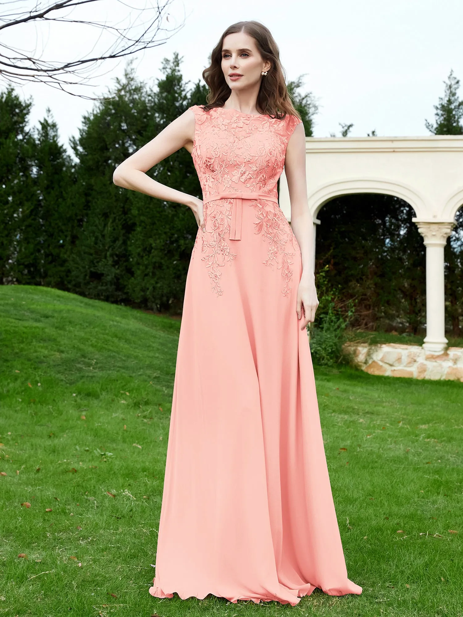 Elegant Illusion Lace Appliqued Dress With Buttons Coral