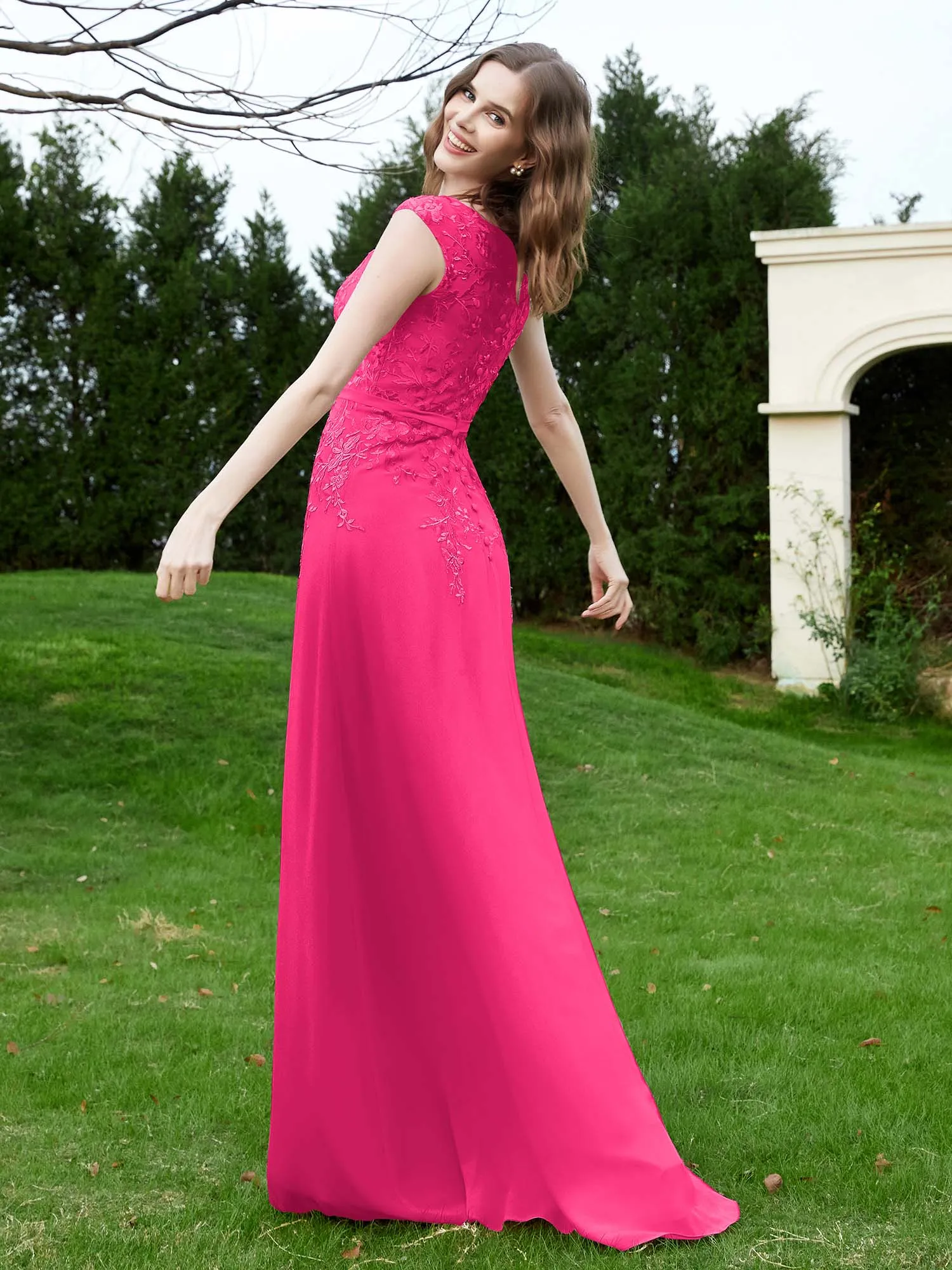 Elegant Illusion Lace Appliqued Dress With Buttons Fuchsia Plus Size