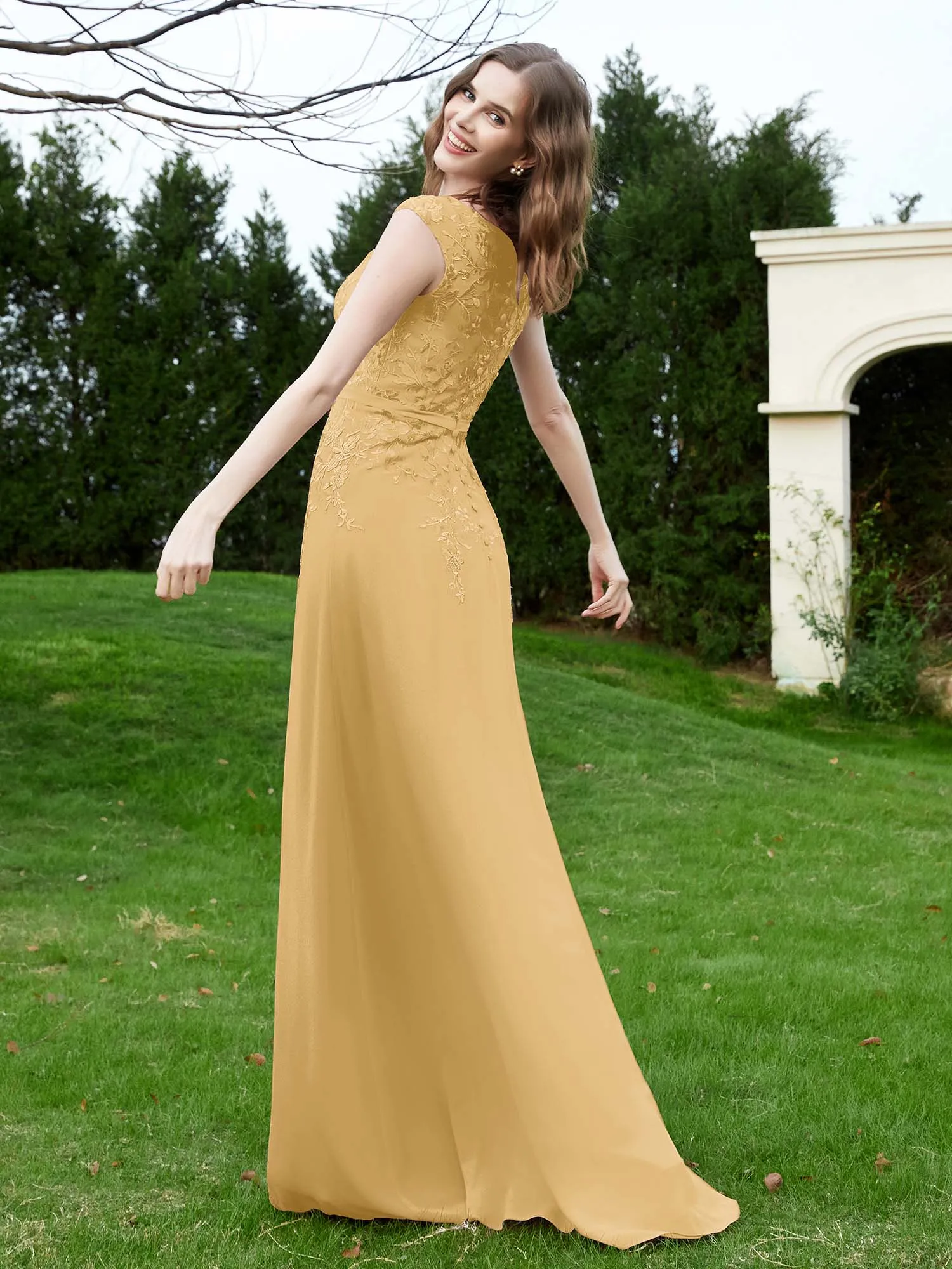 Elegant Illusion Lace Appliqued Dress With Buttons Gold