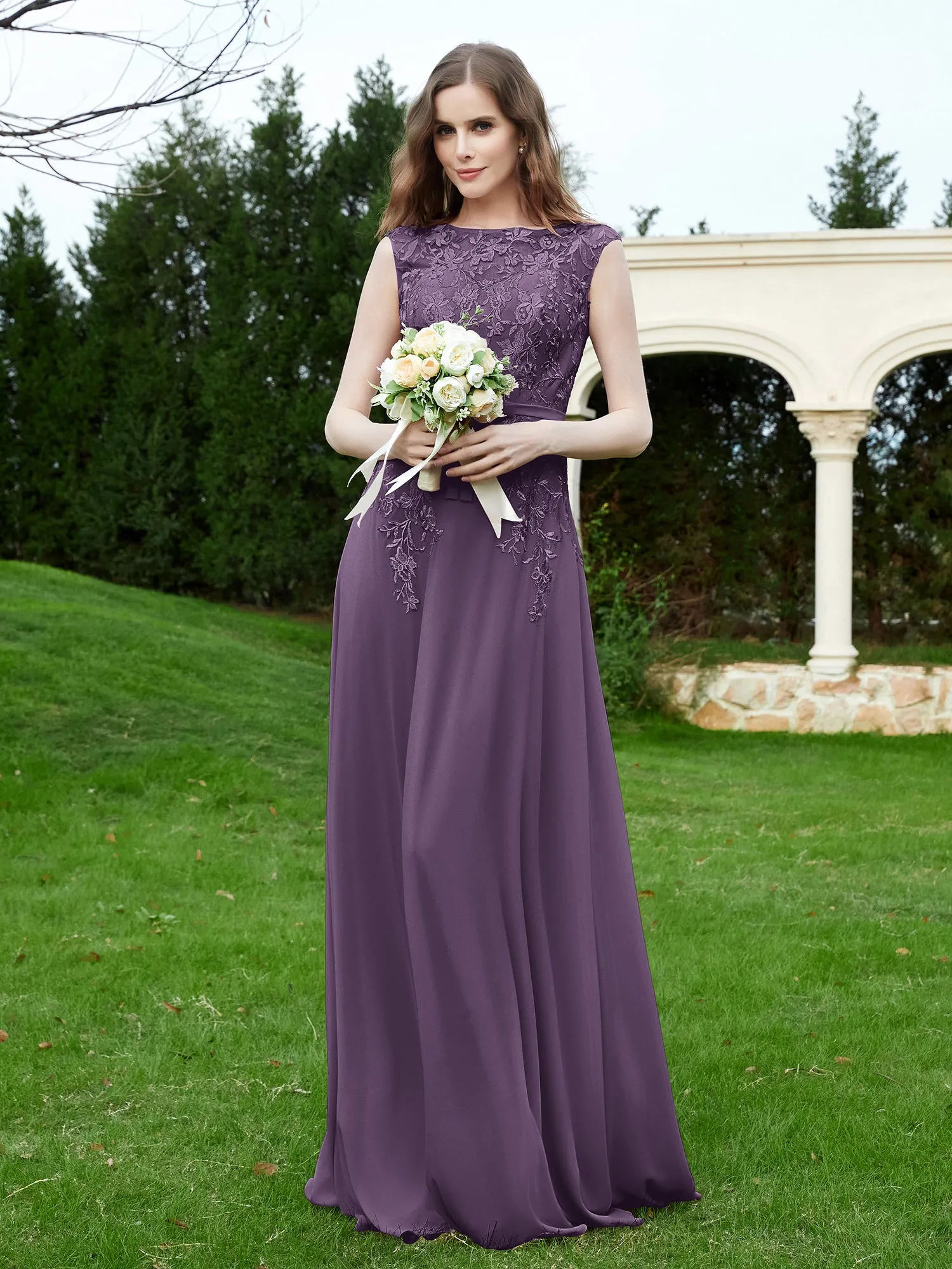 Elegant Illusion Lace Appliqued Dress With Buttons Plum