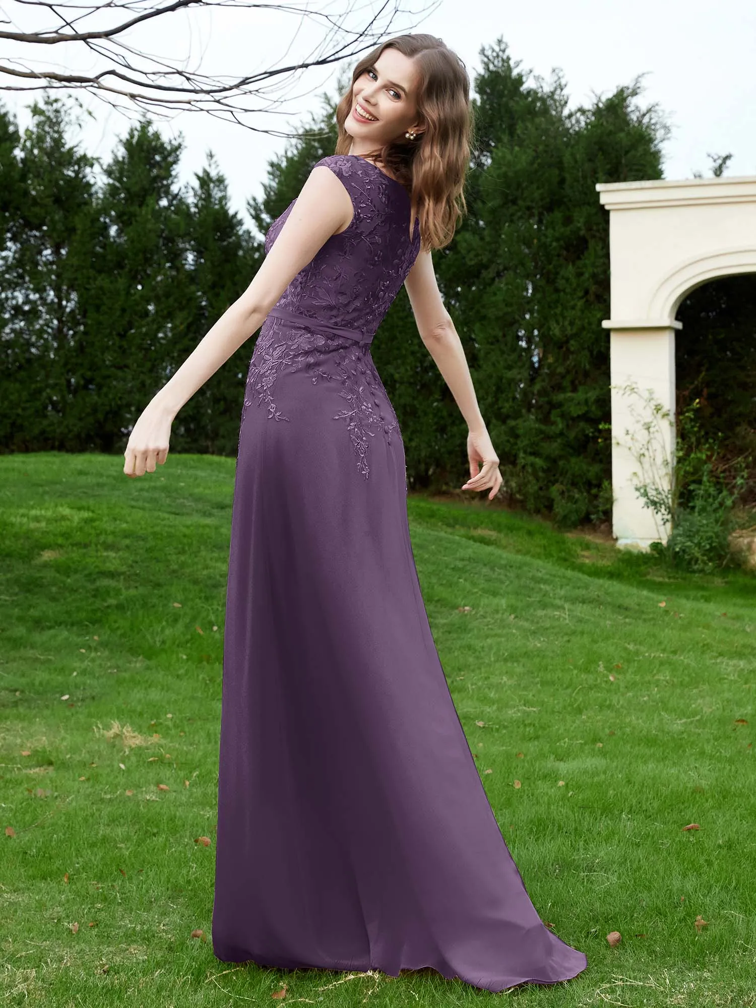 Elegant Illusion Lace Appliqued Dress With Buttons Plum