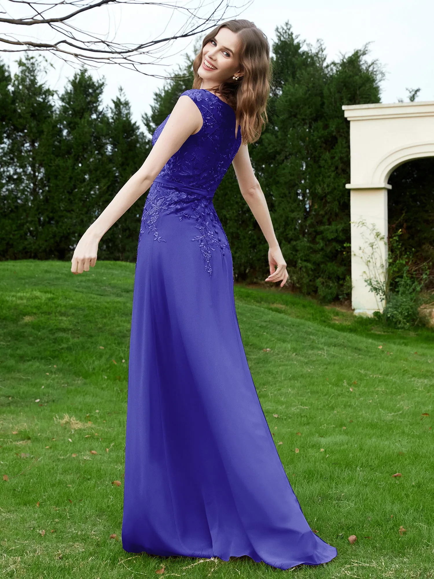 Elegant Illusion Lace Appliqued Dress With Buttons Royal Blue