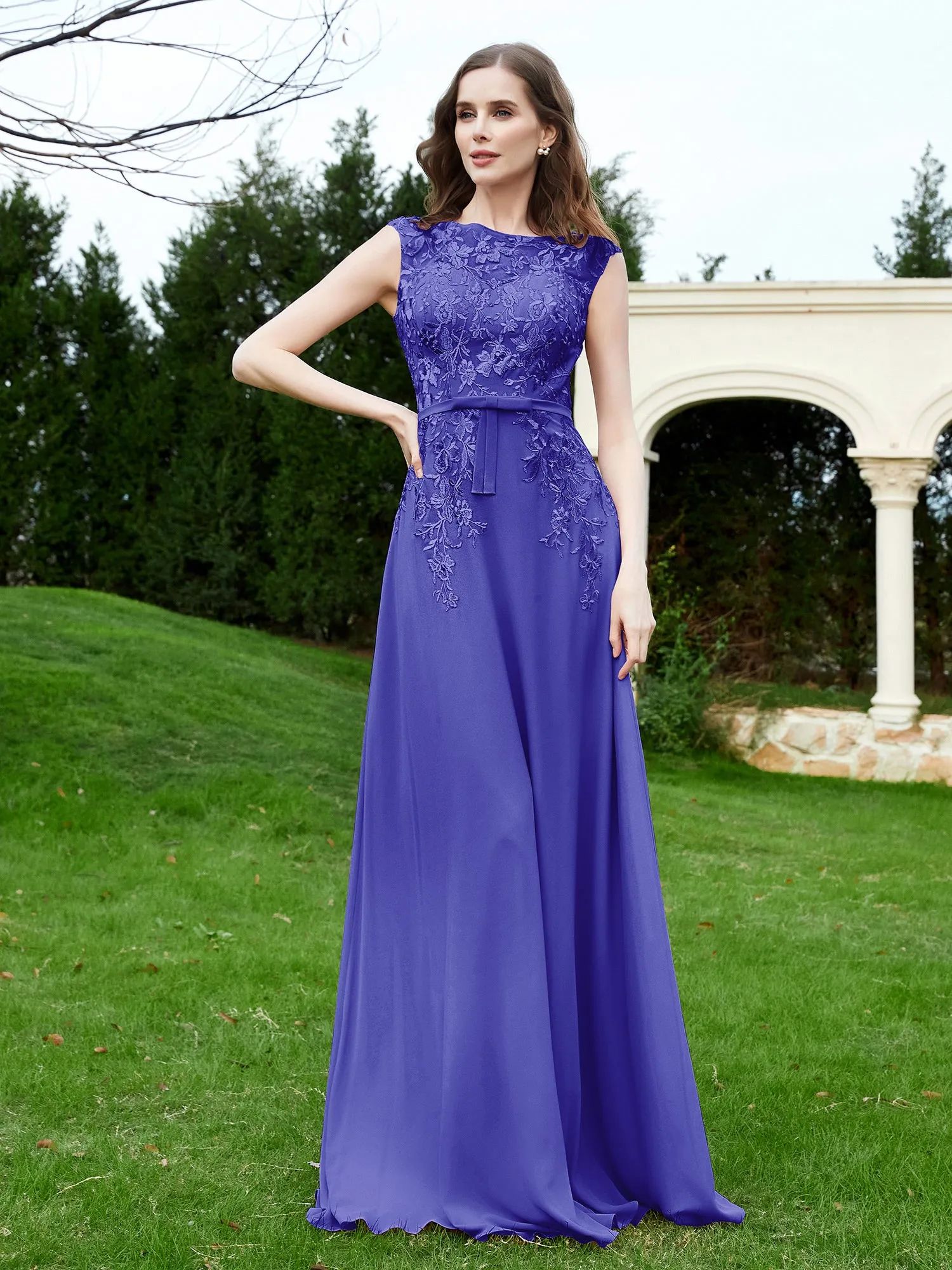 Elegant Illusion Lace Appliqued Dress With Buttons Royal Blue