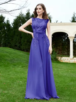 Elegant Illusion Lace Appliqued Dress With Buttons Royal Blue