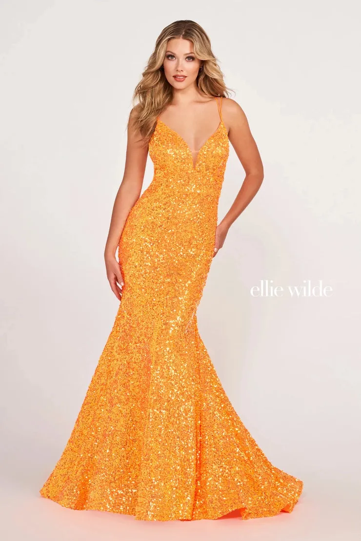 Ellie Wilde EW34016 Long Sequin Mermaid Corset Formal Prom Dress Backless V Neck Iridescent