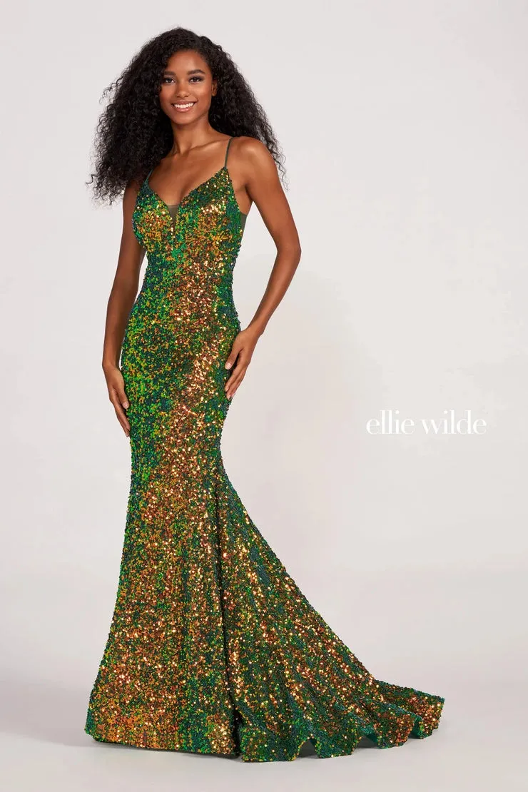 Ellie Wilde EW34016 Long Sequin Mermaid Corset Formal Prom Dress Backless V Neck Iridescent