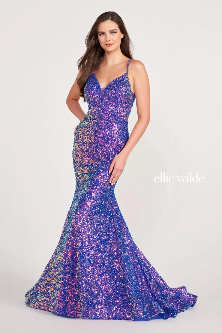 Ellie Wilde EW34016 Long Sequin Mermaid Corset Formal Prom Dress Backless V Neck Iridescent