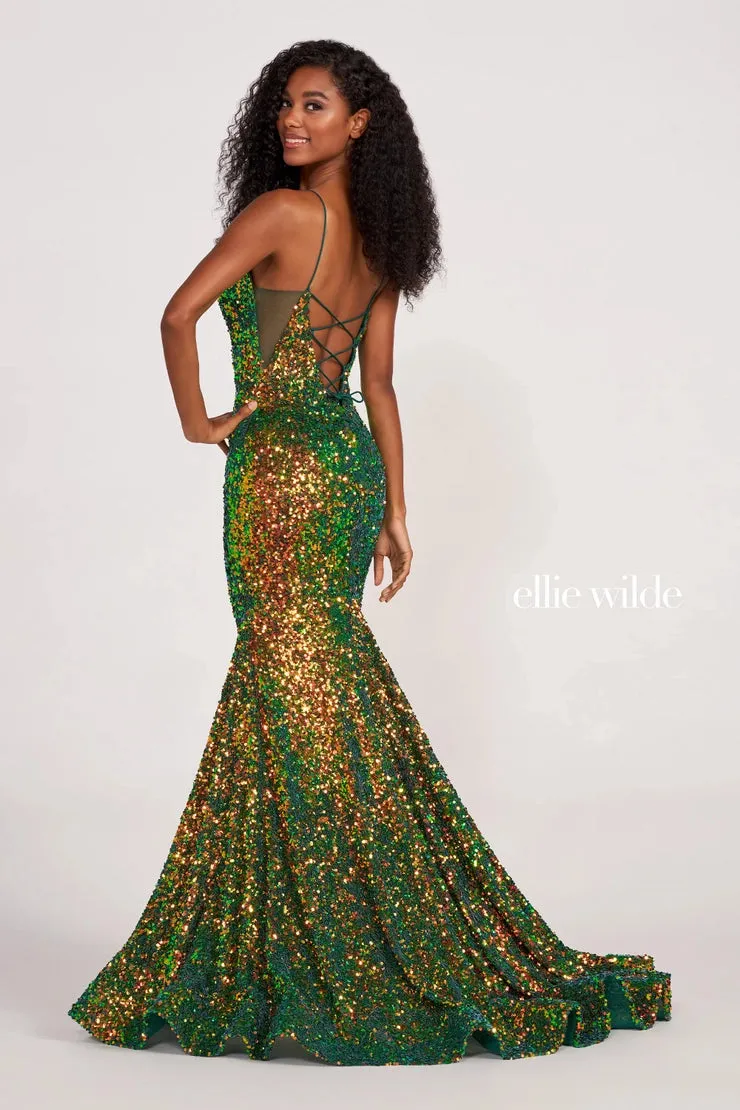 Ellie Wilde EW34016 Long Sequin Mermaid Corset Formal Prom Dress Backless V Neck Iridescent