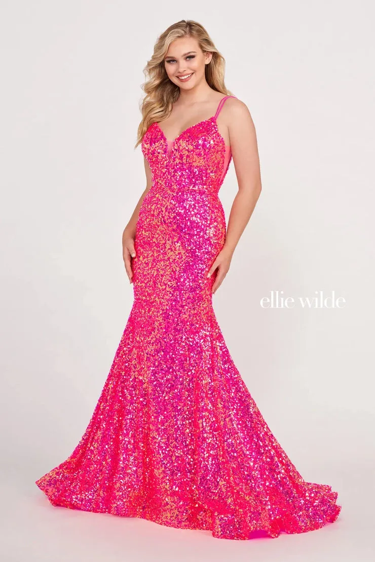 Ellie Wilde EW34016 Long Sequin Mermaid Corset Formal Prom Dress Backless V Neck Iridescent