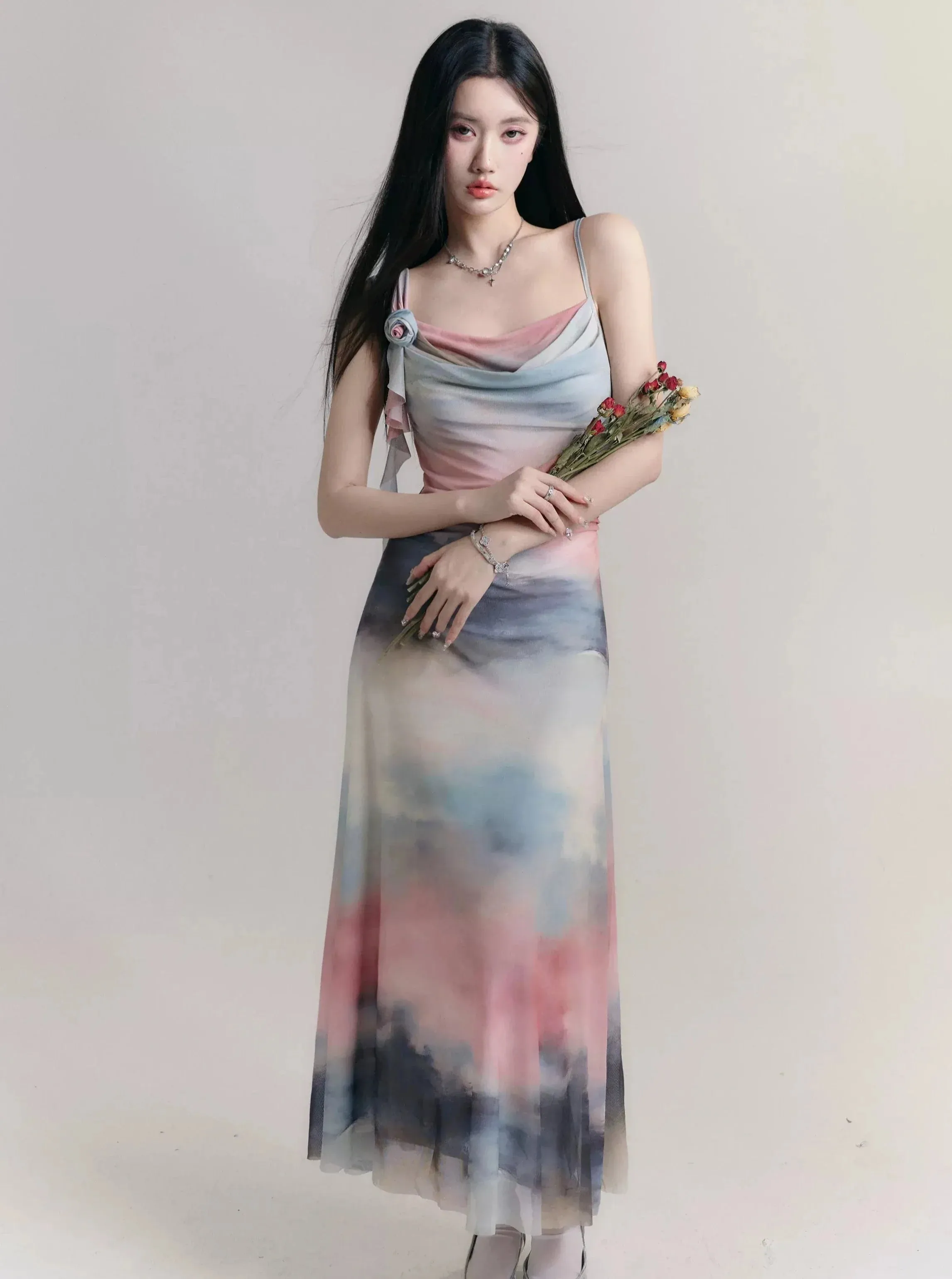 Ethereal Watercolor Maxi Dress: Asymmetric Cowl Neck Ombre Gown in Pastel Hues