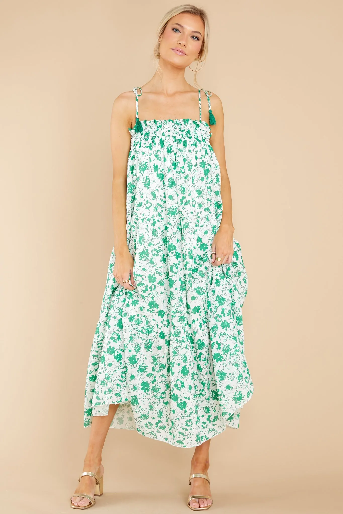 Feel The Breeze White And Green Floral Print Midi Dress