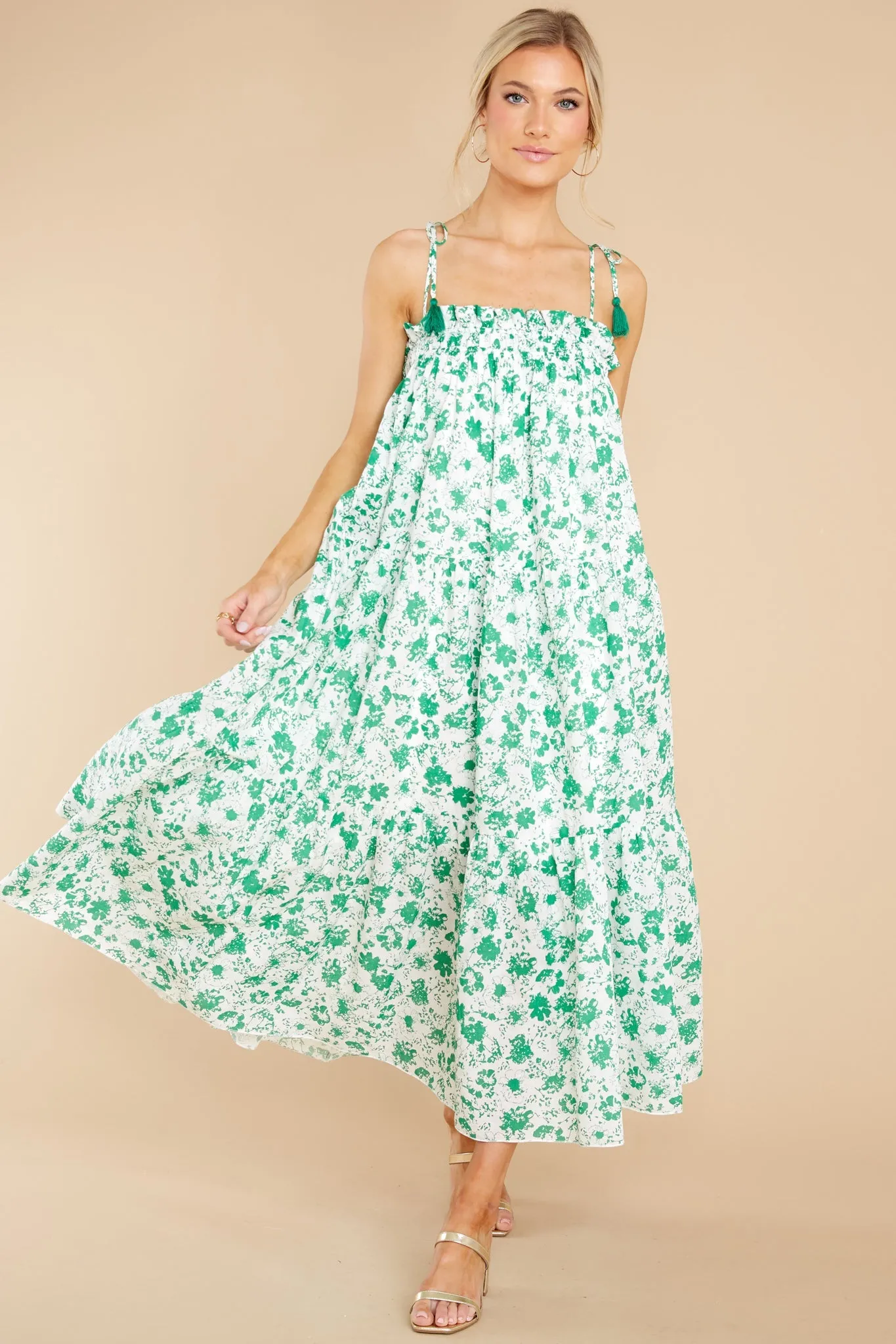 Feel The Breeze White And Green Floral Print Midi Dress