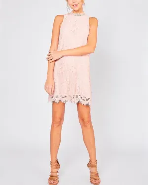 Final Sale - Best Part Sleeveless Lace Scallop Hem Mini Dress in Blush