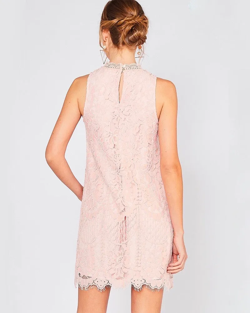 Final Sale - Best Part Sleeveless Lace Scallop Hem Mini Dress in Blush