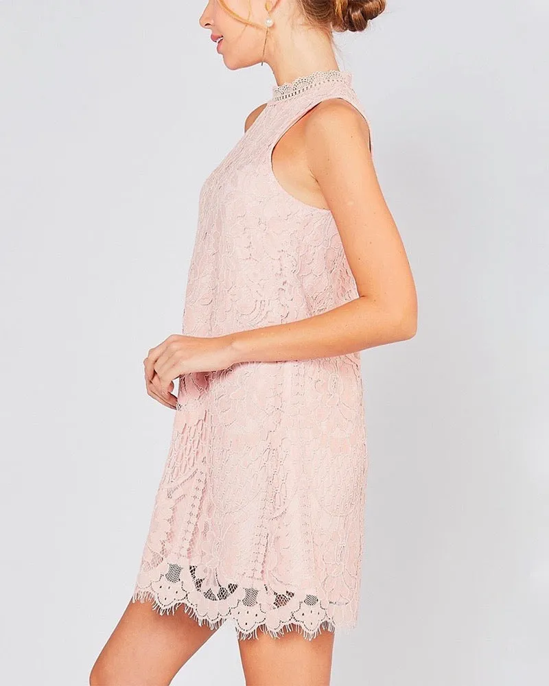 Final Sale - Best Part Sleeveless Lace Scallop Hem Mini Dress in Blush