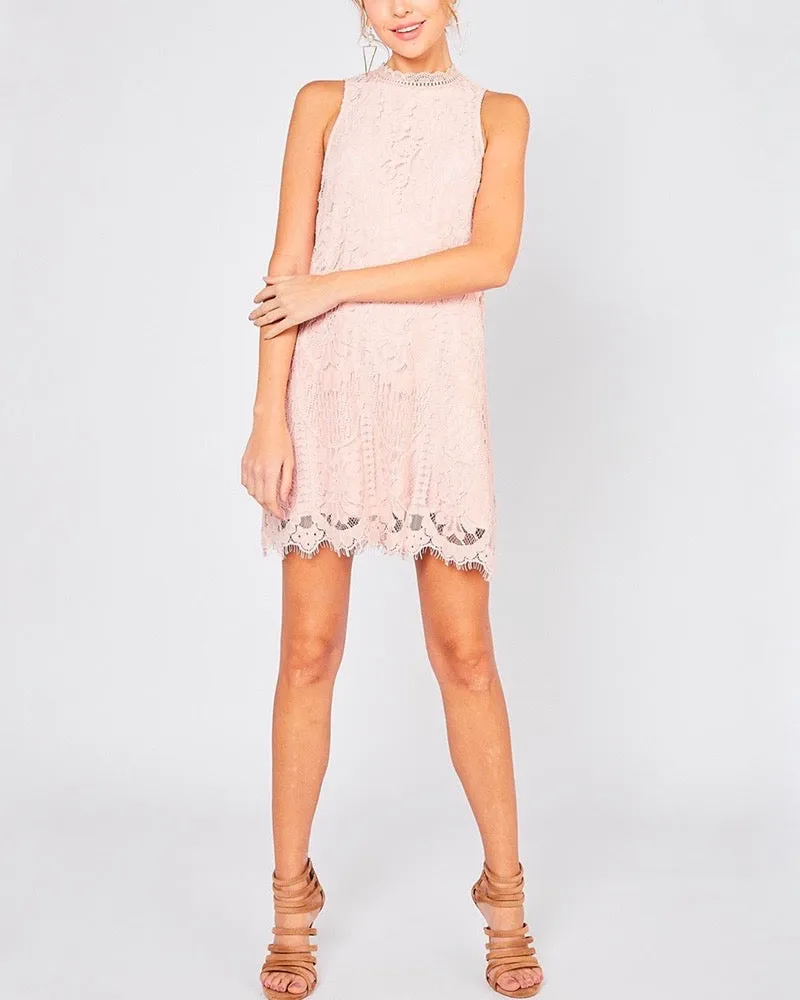 Final Sale - Best Part Sleeveless Lace Scallop Hem Mini Dress in Blush