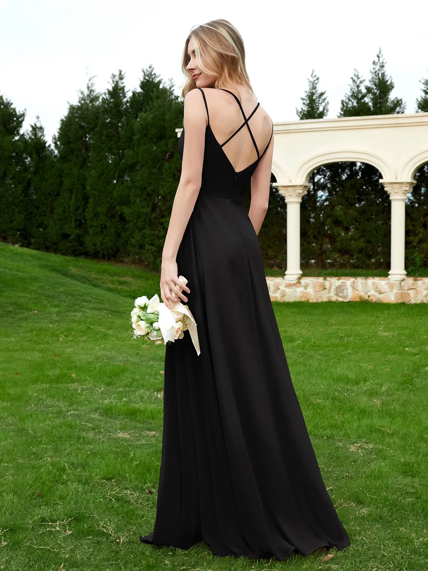 Floor Length V Neck Chiffon Bridesmaid Gown Black