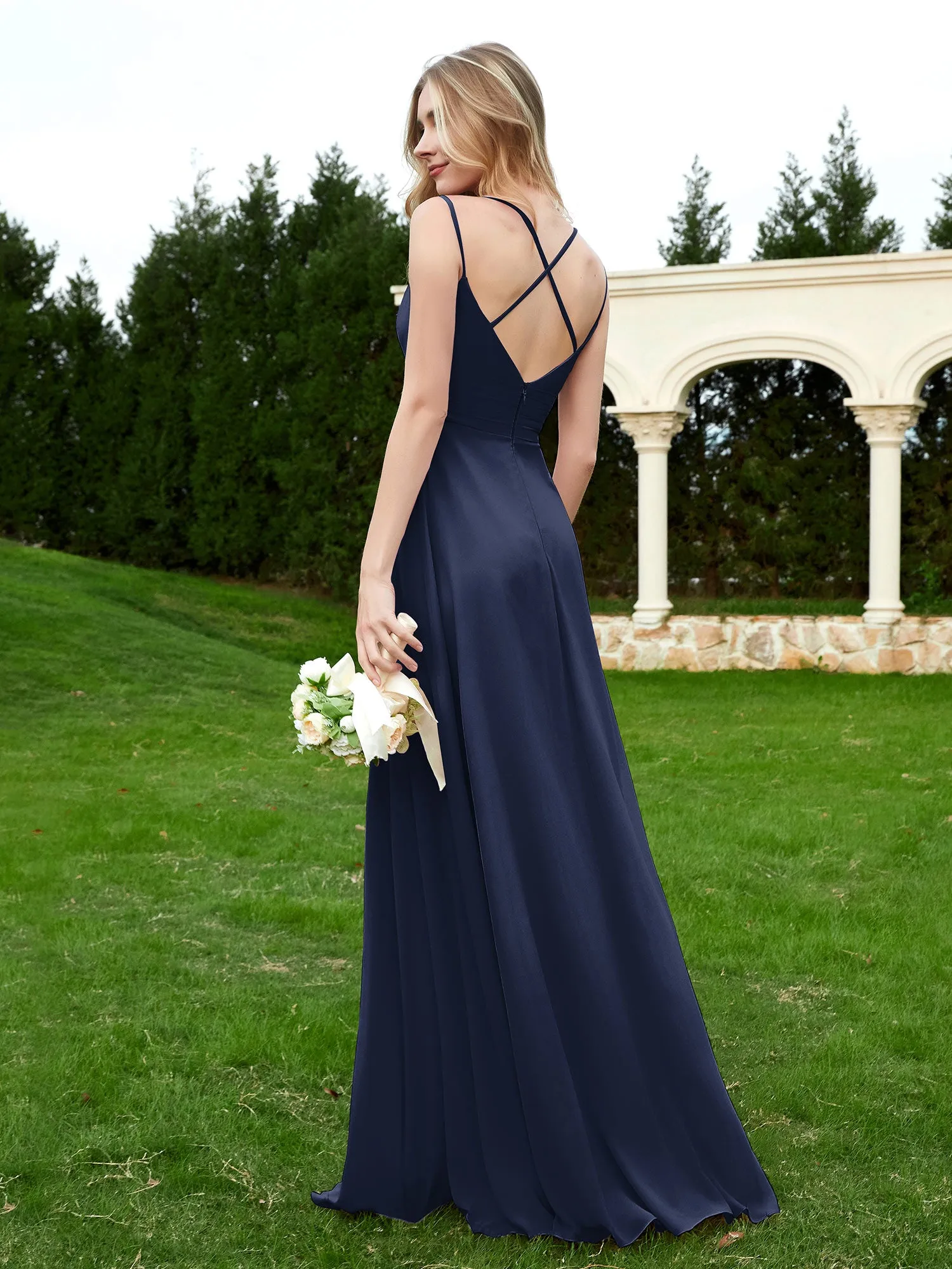 Floor Length V Neck Chiffon Bridesmaid Gown Dark Navy Plus Size