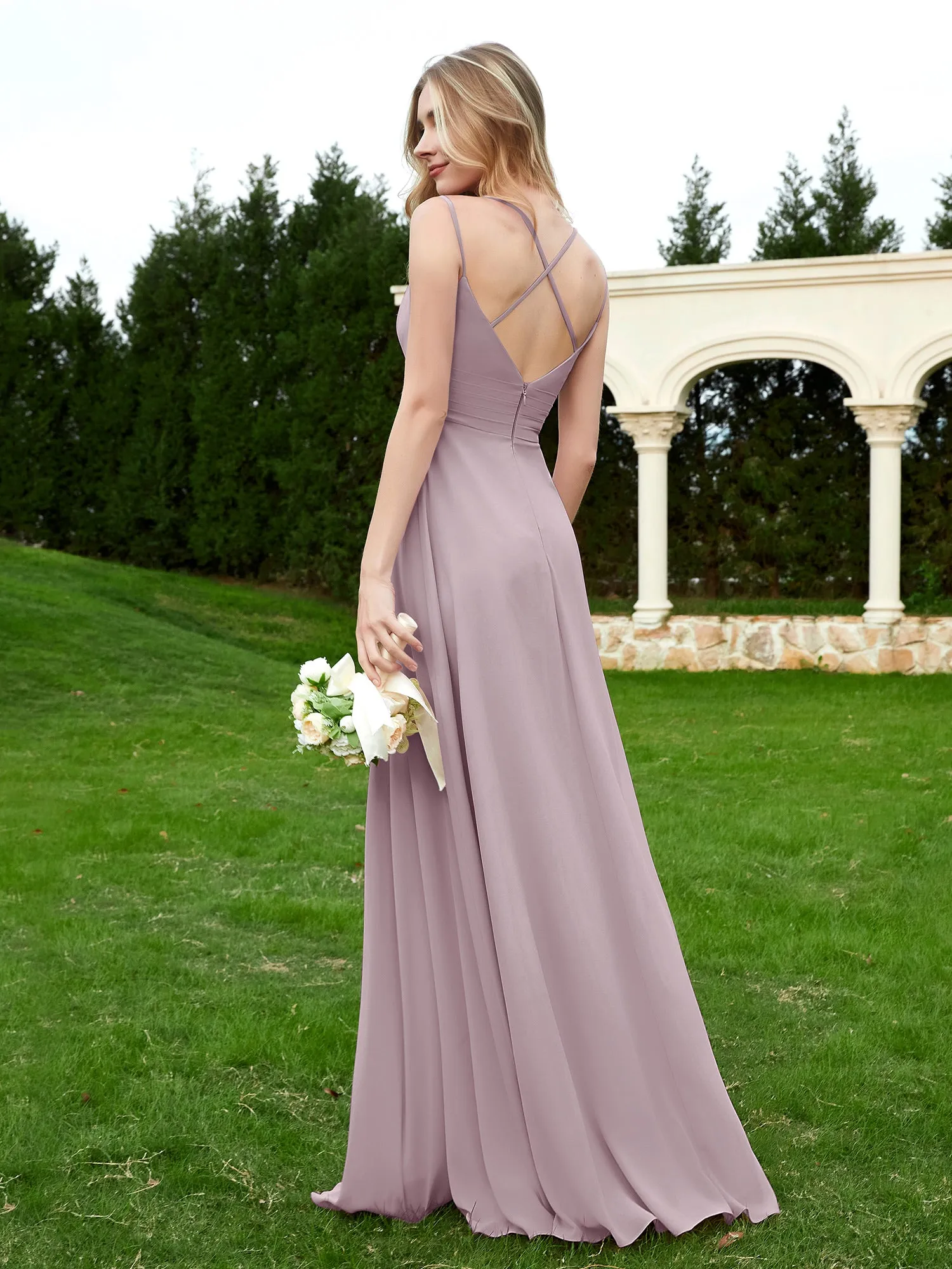 Floor Length V Neck Chiffon Bridesmaid Gown Dusk