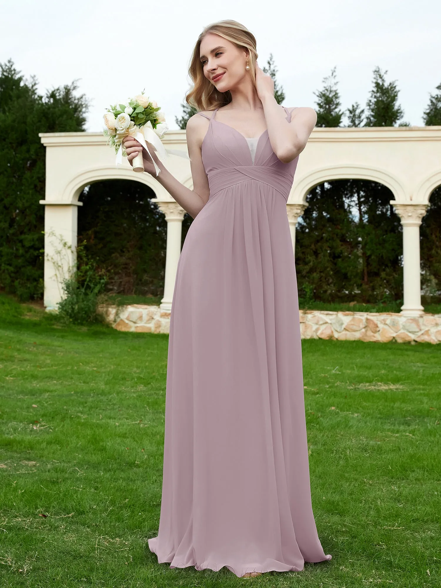 Floor Length V Neck Chiffon Bridesmaid Gown Dusk