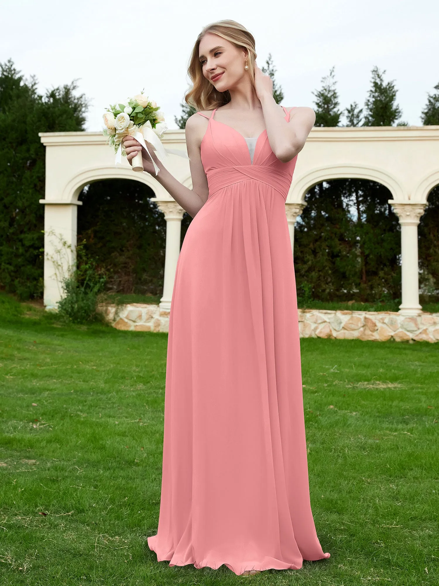 Floor Length V Neck Chiffon Bridesmaid Gown Flamingo Plus Size