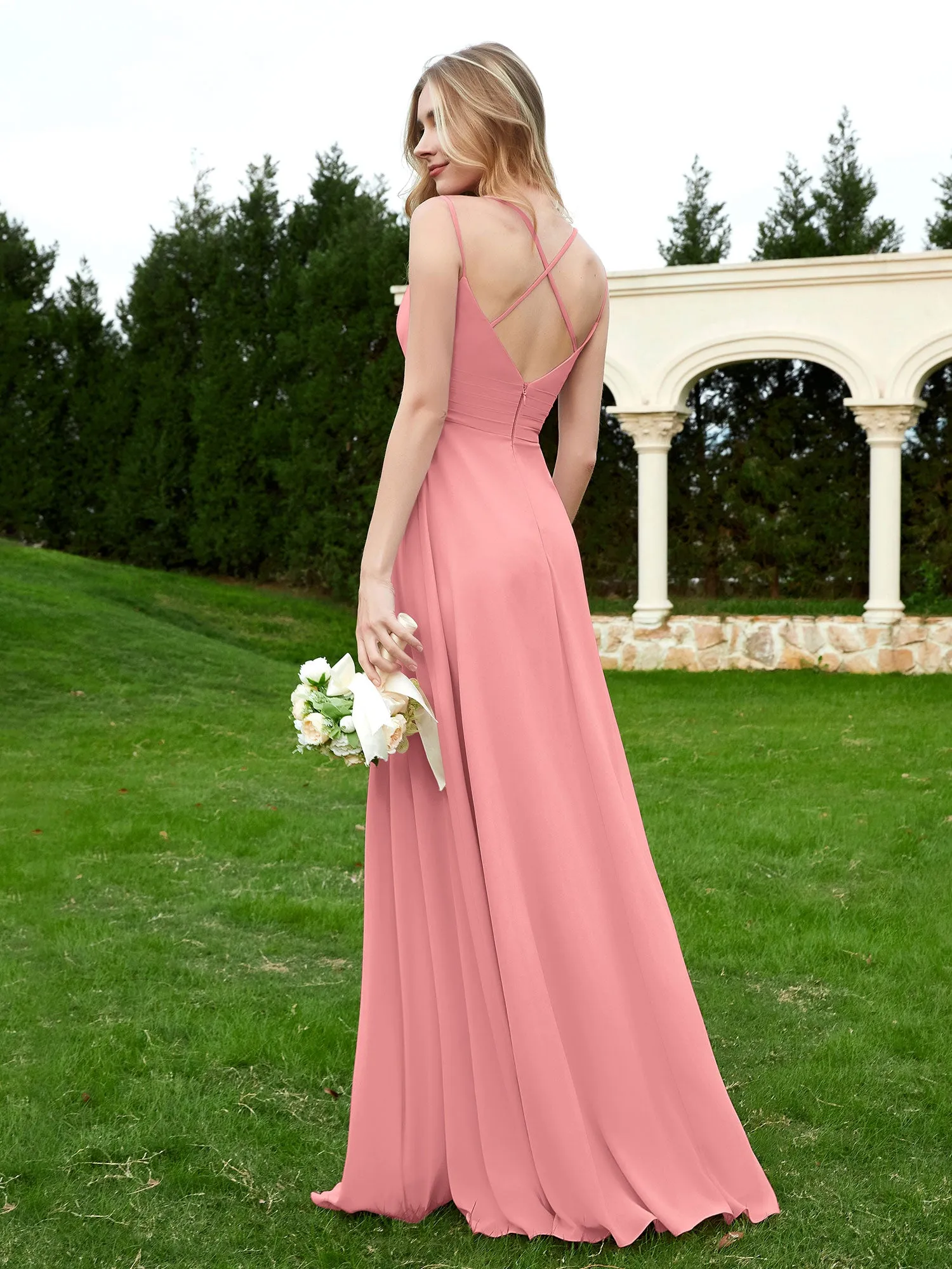 Floor Length V Neck Chiffon Bridesmaid Gown Flamingo Plus Size