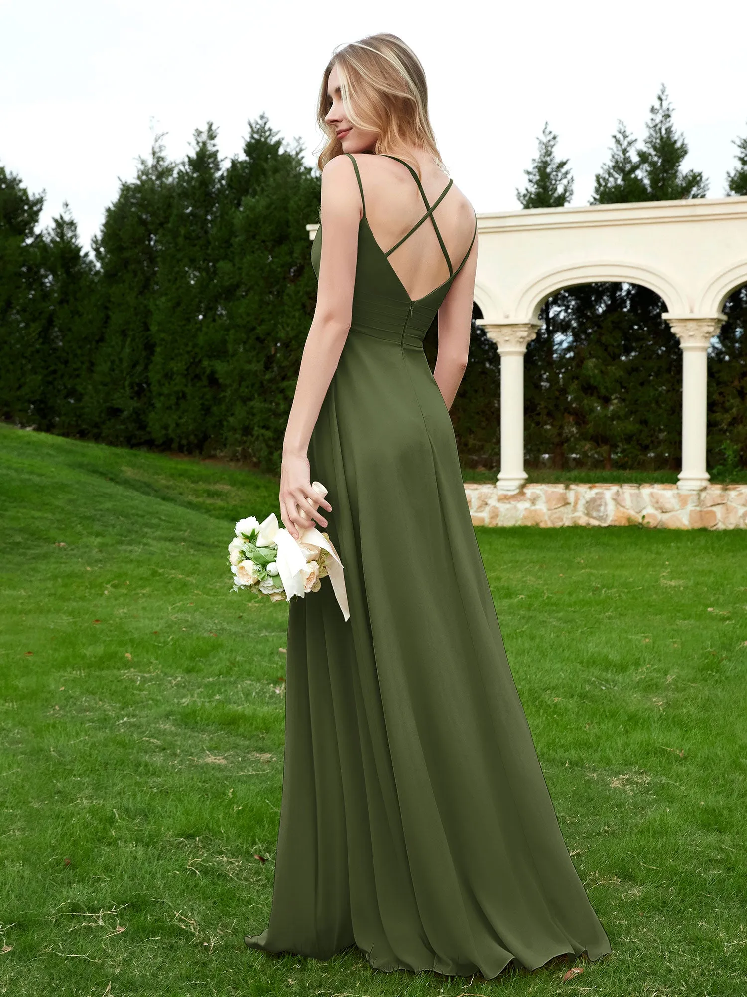 Floor Length V Neck Chiffon Bridesmaid Gown Olive Green Plus Size