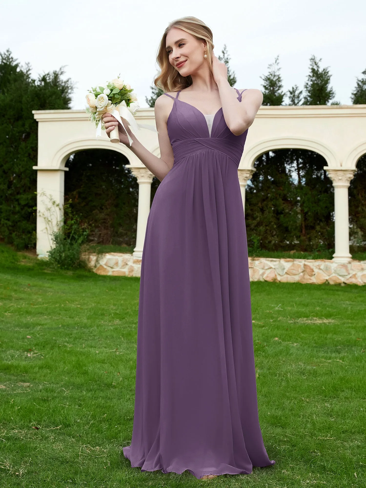 Floor Length V Neck Chiffon Bridesmaid Gown Plum Plus Size