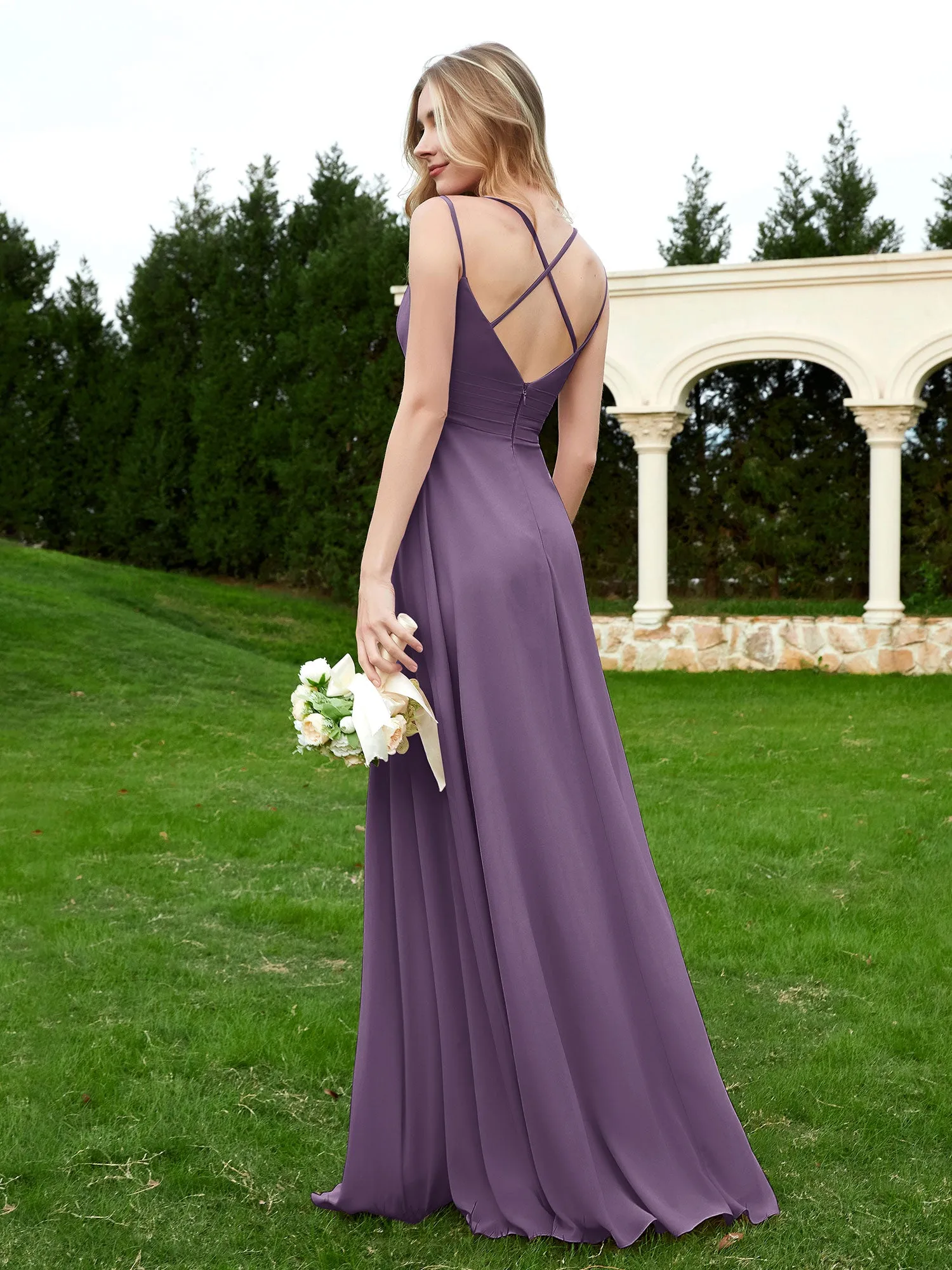 Floor Length V Neck Chiffon Bridesmaid Gown Plum Plus Size