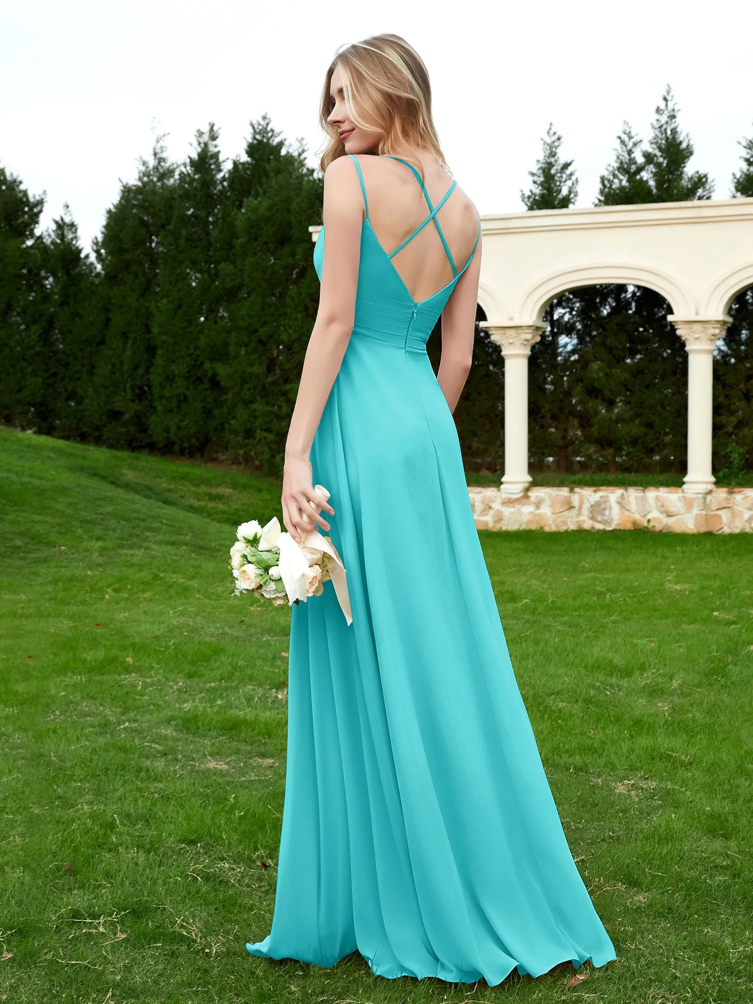 Floor Length V Neck Chiffon Bridesmaid Gown Pool