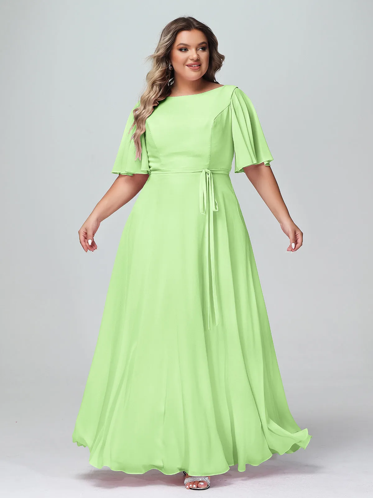 Flutter Sleeves Chiffon Max Dresses with Sash Bow-Sage Plus Size