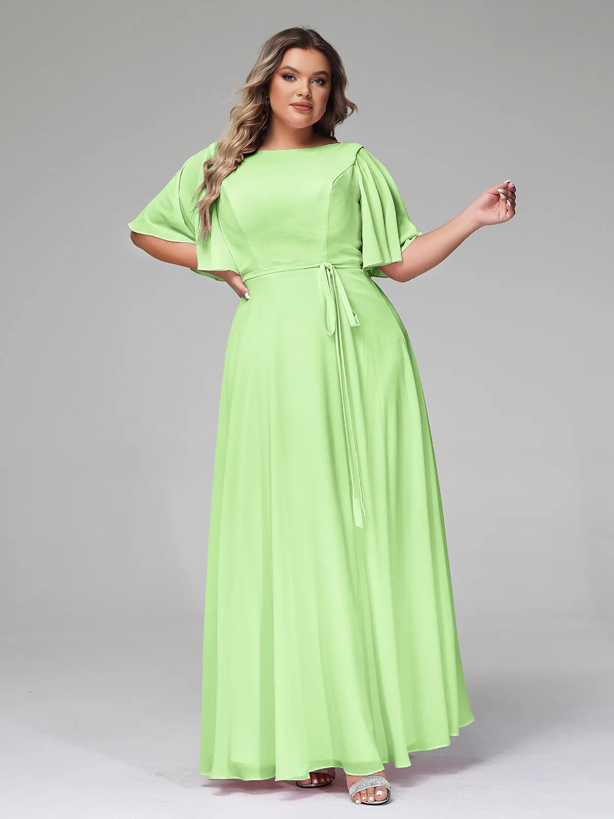 Flutter Sleeves Chiffon Max Dresses with Sash Bow-Sage Plus Size