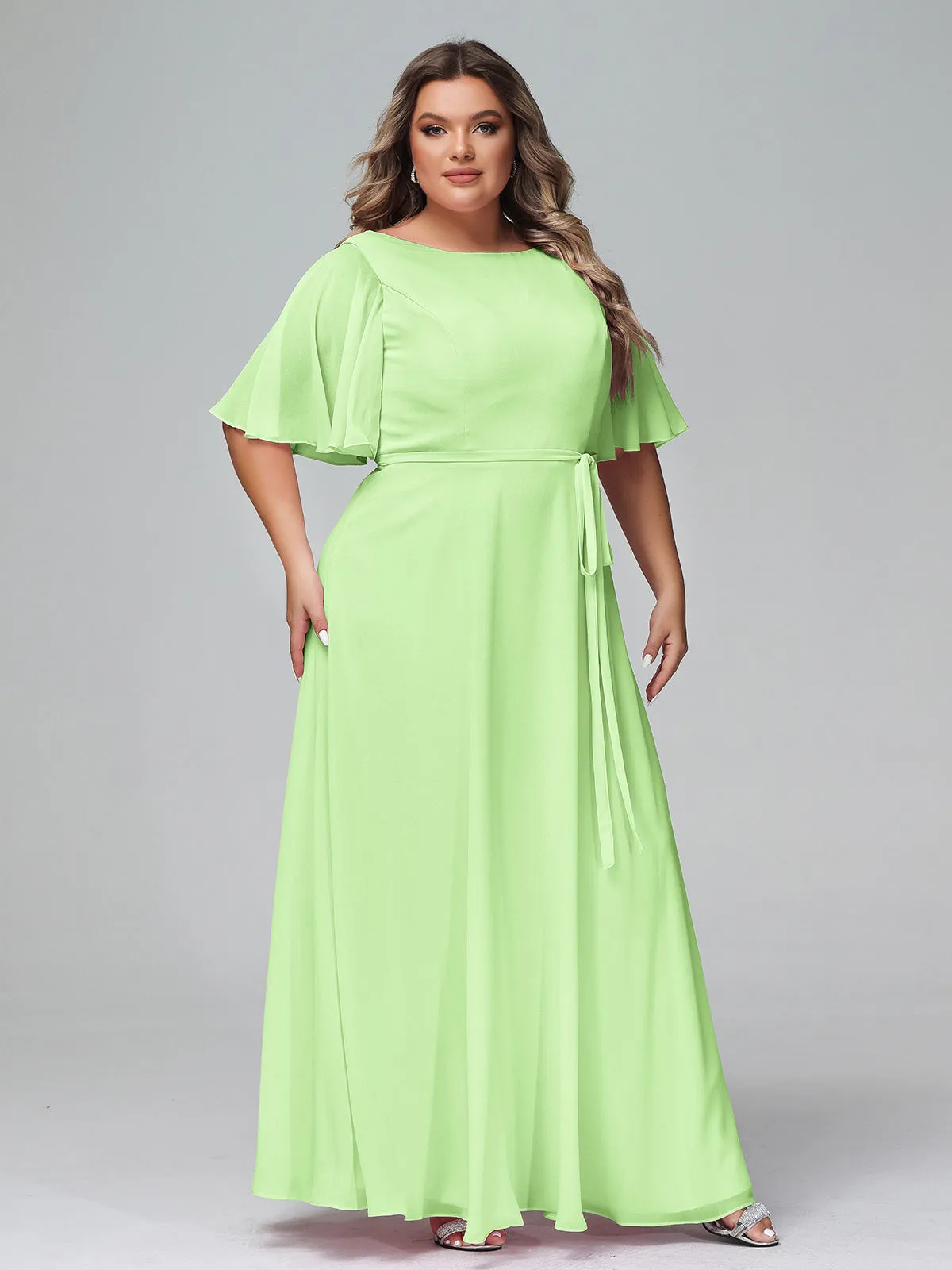 Flutter Sleeves Chiffon Max Dresses with Sash Bow-Sage Plus Size