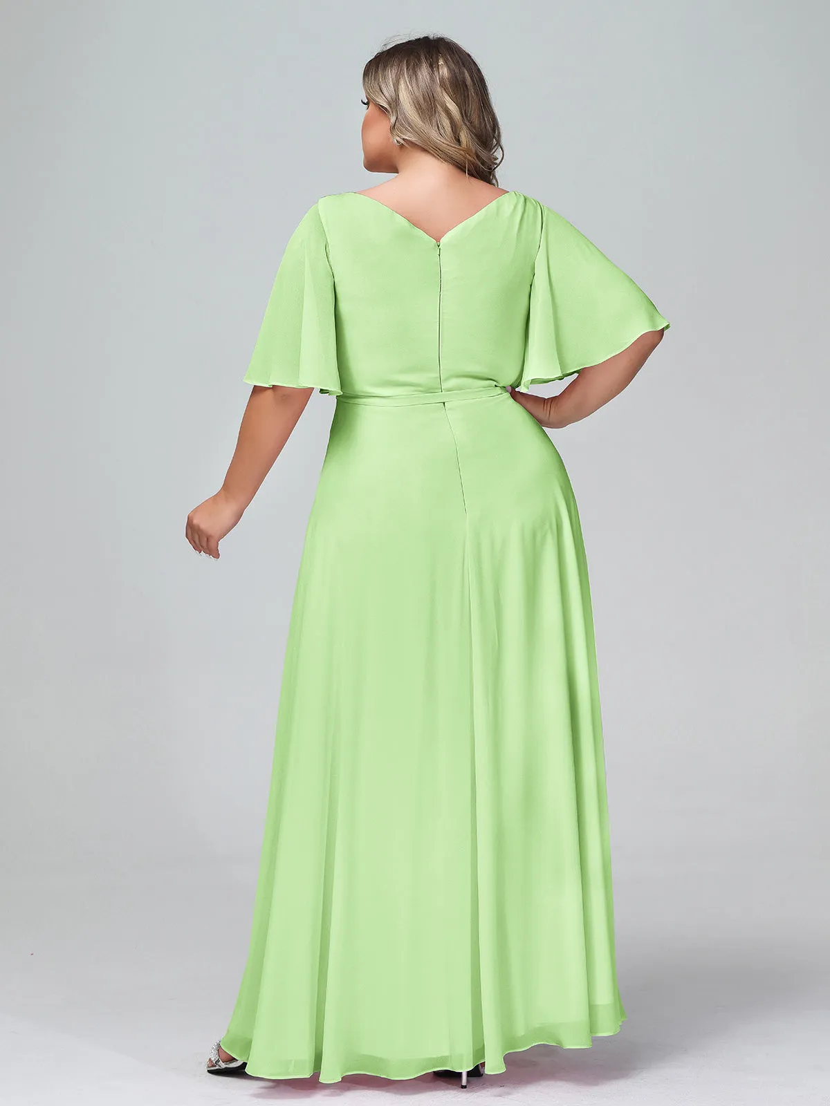 Flutter Sleeves Chiffon Max Dresses with Sash Bow-Sage Plus Size