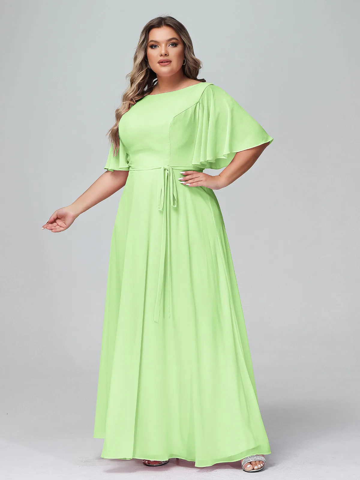 Flutter Sleeves Chiffon Max Dresses with Sash Bow-Sage Plus Size