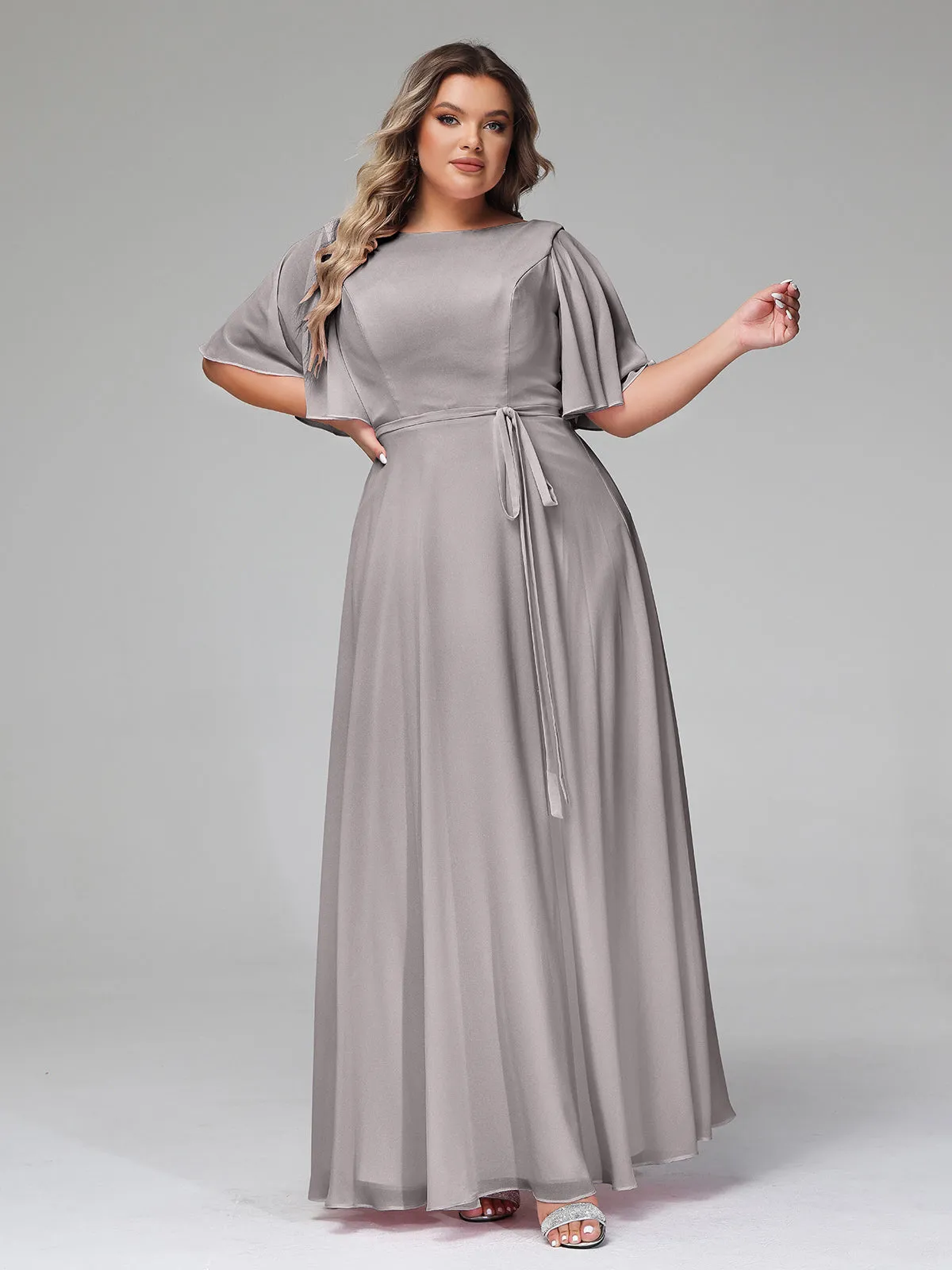 Flutter Sleeves Chiffon Max Dresses with Sash Bow-Silver Plus Size