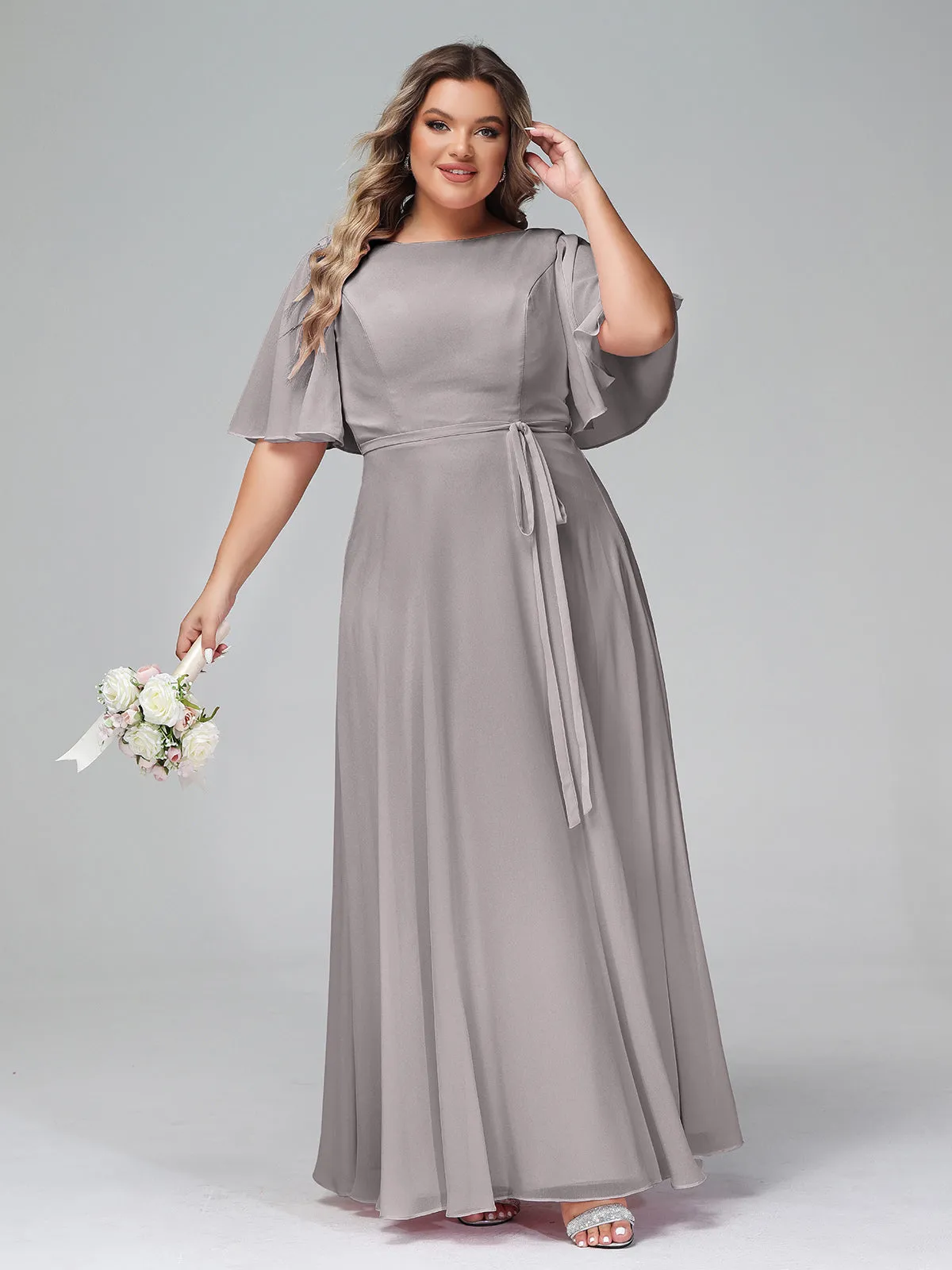 Flutter Sleeves Chiffon Max Dresses with Sash Bow-Silver Plus Size